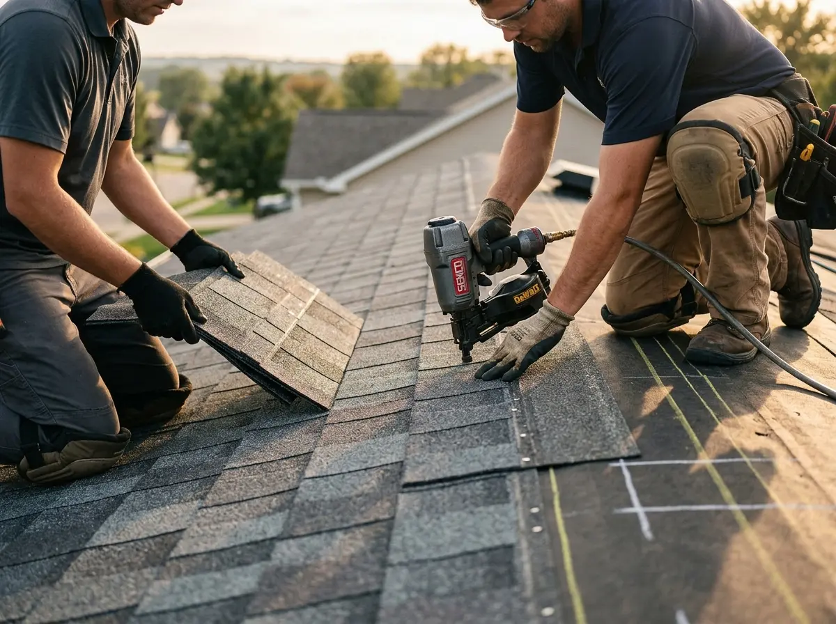 Professional roofer working on a residential roof in West Modesto